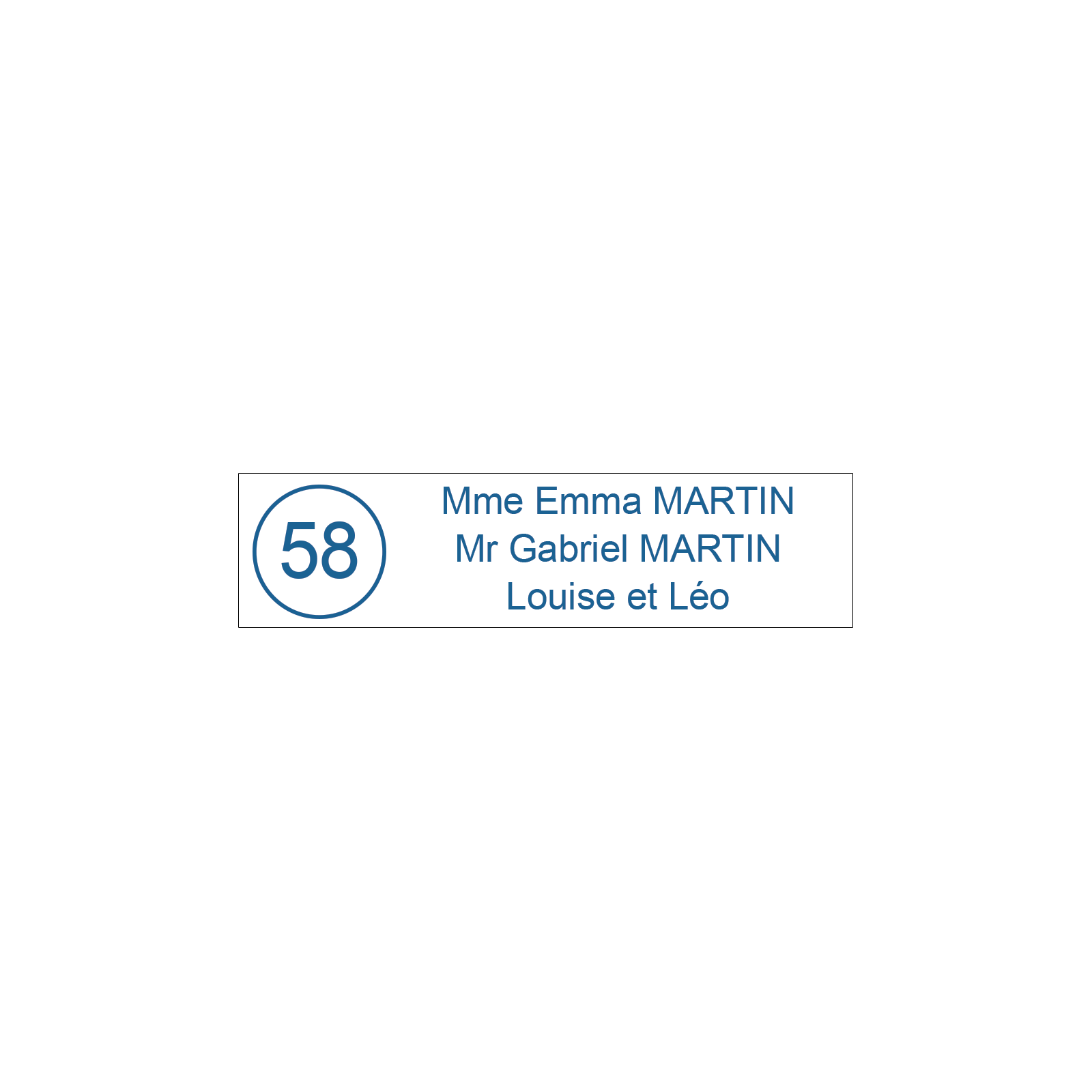 Étiquette Nom + Stop Pub personnalisable pour boîte aux lettres · 100x25x0,8 mm ·Blanc lettres bleues - 3 lignes