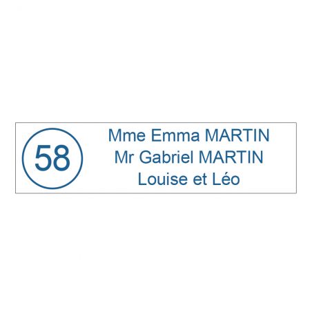 Étiquette Nom + Stop Pub personnalisable pour boîte aux lettres · 100x25x0,8 mm ·Blanc lettres bleues - 3 lignes