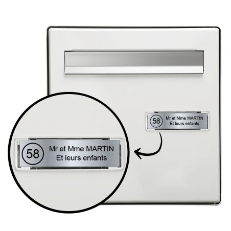 Étiquette Nom + Stop Pub personnalisable pour boîte aux lettres · 100x25x0,8 mm ·Argent lettres noires - 2 lignes
