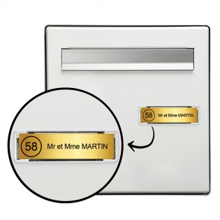 Étiquette Nom + Stop Pub personnalisable pour boîte aux lettres · 100x25x0,8 mm · Or lettres noires - 1 ligne