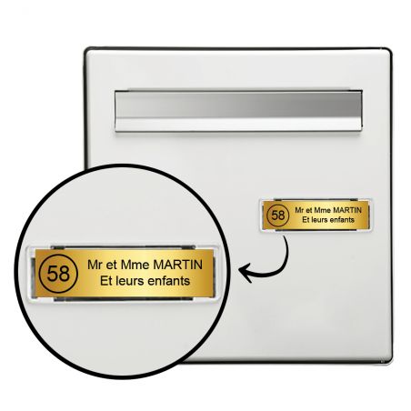 Étiquette Nom + Stop Pub personnalisable pour boîte aux lettres · 100x25x0,8 mm ·Or lettres noires - 2 lignes