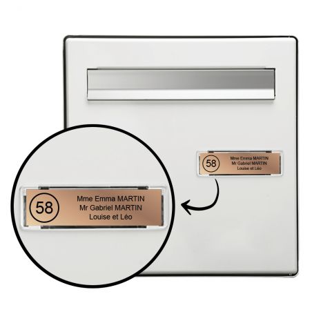 Étiquette Nom + Stop Pub personnalisable pour boîte aux lettres · 100x25x0,8 mm ·Cuivre lettres noires - 3 lignes