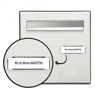Étiquette Nom personnalisable pour boîte aux lettres · Gravure Française · 100x25x0,8 mm · blanche lettres noires · 1 ligne