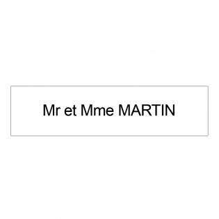 Étiquette Nom personnalisable pour boîte aux lettres · Gravure Française · 100x25x0,8 mm · blanche lettres noires · 1 ligne