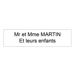 Étiquette Nom personnalisable pour boîte aux lettres · Gravure Française · 100x25x0,8 mm · blanche lettres noires · 2lignes