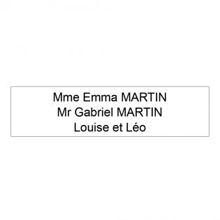 Étiquette Nom personnalisable pour boîte aux lettres · Gravure Française · 100x25x0,8 mm · blanche lettres noires · 2lignes
