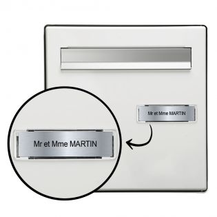 Étiquette Nom personnalisable pour boîte aux lettres · Gravure Française · 100x25x0,8 mm · Argent écriture noire - 1 ligne