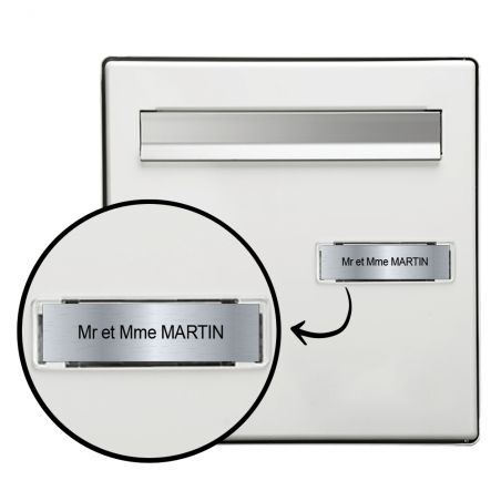 Étiquette Nom personnalisable pour boîte aux lettres · Gravure Française · 100x25x0,8 mm · Argent écriture noire - 1 ligne