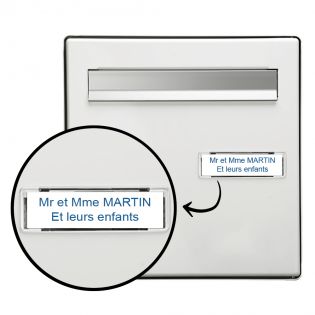 Étiquette Nom personnalisable pour boîte aux lettres · Gravure Française · 100x25x0,8 mm · Blanc écriture bleue - 2 lignes