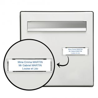 Étiquette Nom personnalisable pour boîte aux lettres · Gravure Française · 100x25x0,8 mm · Blanc écriture bleue - 3 lignes