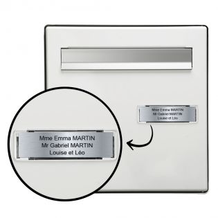 Étiquette Nom personnalisable pour boîte aux lettres · Gravure Française · 100x25x0,8 mm · Argent écriture noire - 3 lignes