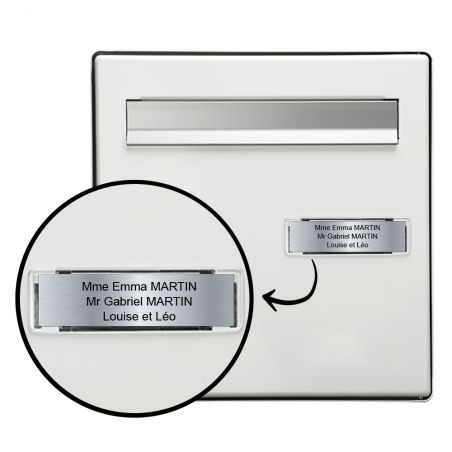 Étiquette Nom personnalisable pour boîte aux lettres · Gravure Française · 100x25x0,8 mm · Argent écriture noire - 3 lignes