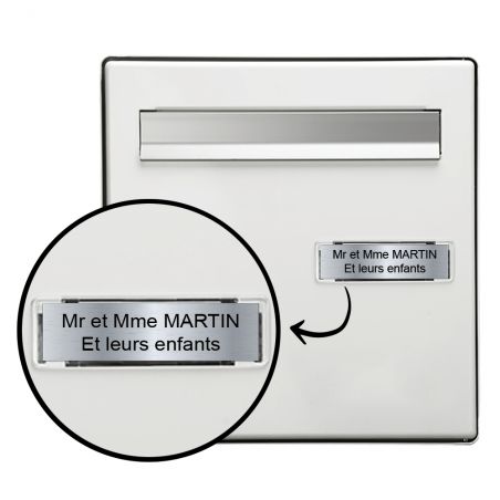 Étiquette Nom personnalisable pour boîte aux lettres · Gravure Française · 100x25x0,8 mm · Argent écriture noire - 2 lignes