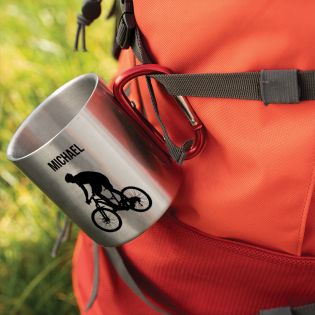 Double-walled stainless steel coffee cup with customizable carabiner with text, photo and logo · 33 cl