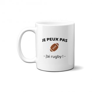 Mug en céramique blanc personnalisable · Je peux pas j'ai rugby · Cadeau passionné de rugby