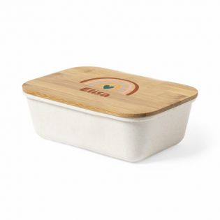 Lunch box en bambou personnalisable avec prénom + couverts · Modèle Arc-en-ciel 