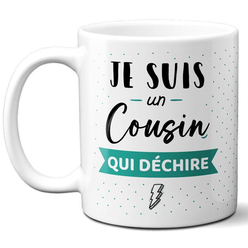 Mug Cousin qui Déchire - Tasse cadeau Anniversaire ou Noël - 33 cL, Céramique - Imprimé en France