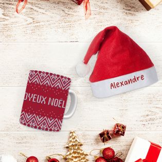 Pack Bonnet Père Noël + Mug rouge aux motifs de Noël - Idée cadeau idéal pour les fêtes de fin d'année