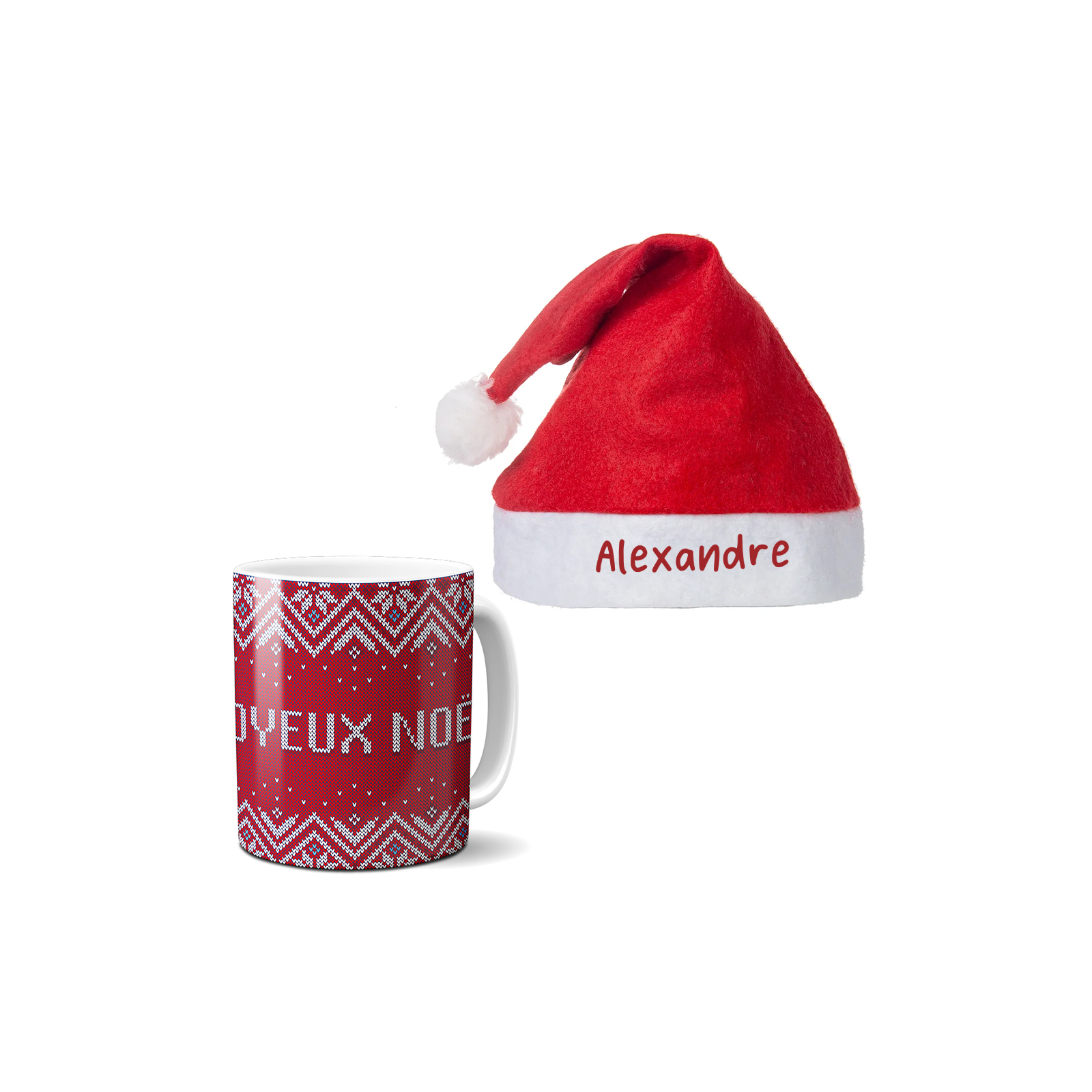 Pack Bonnet Père Noël + Mug rouge aux motifs de Noël - Idée cadeau idéal pour les fêtes de fin d'année
