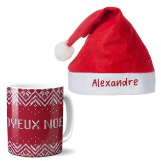 Pack Bonnet Père Noël + Mug rouge aux motifs de Noël - Idée cadeau idéal pour les fêtes de fin d'année