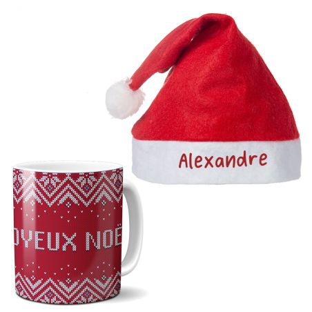 Pack Bonnet Père Noël + Mug rouge aux motifs de Noël - Idée cadeau idéal pour les fêtes de fin d'année
