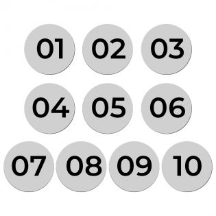 Lot de 10 Plaques - Numéros de table adhésifs pour restaurant , PVC - Format rond Ø 3 cm - Épaisseur 1,5 mm - 1 à 100