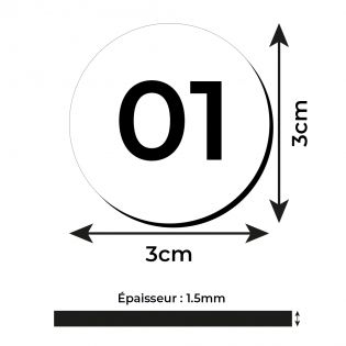 Lot de 10 Plaques - Numéros de table adhésifs pour restaurant , PVC - Format rond Ø 3 cm - Épaisseur 1,5 mm - 1 à 100