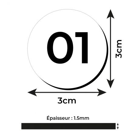 Lot de 10 Numéros de table Adhésifs Blancs pour Restaurant , PVC - Format rond Ø 3 cm - Épaisseur 1,5 mm