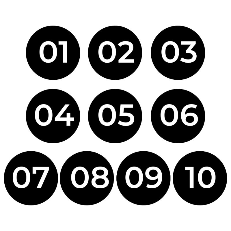 Lot de 10 Plaques - Numéros de table adhésifs pour restaurant , PVC - Format rond Ø 3 cm - Épaisseur 1,5 mm - 1 à 100