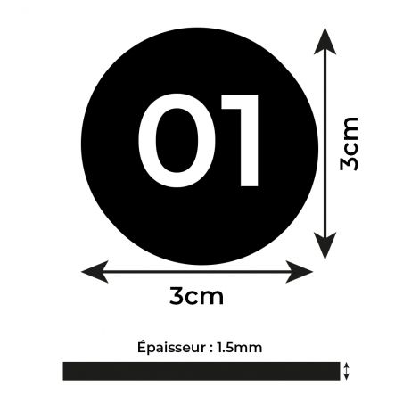 Lot de 10 Numéros de table Adhésifs Noirs pour Restaurant , PVC - Format rond Ø 3 cm - Épaisseur 1,5 mm