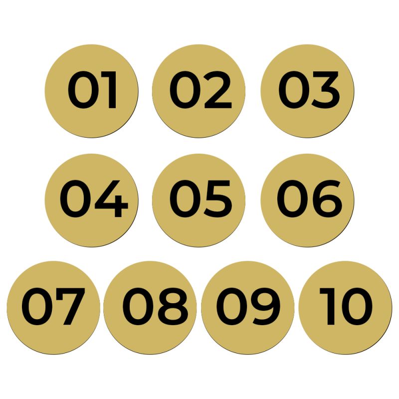 Lot de 10 Plaques - Numéros de table adhésifs pour restaurant , PVC - Format rond Ø 3 cm - Épaisseur 1,5 mm - 1 à 100