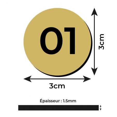 Lot de 10 Numéros de table Adhésifs Or pour Restaurant , PVC - Format rond Ø 3 cm - Épaisseur 1,5 mm