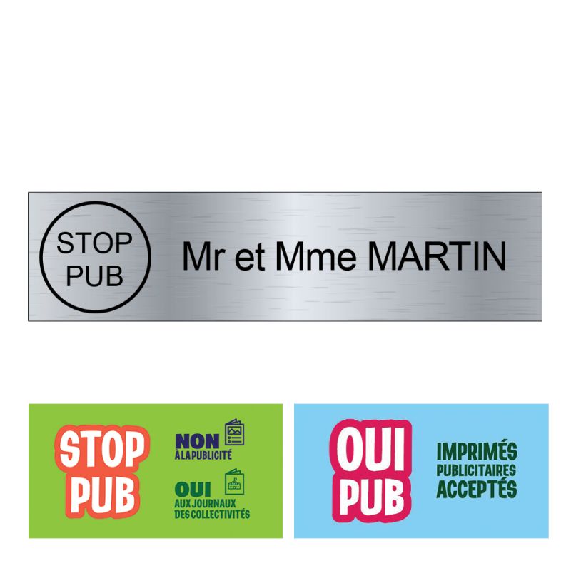 Plaque nom STOP PUB boite aux lettres Decayeux (100 x 25 mm) 1 ligne à  personnaliser - Couleur plaque nom gris argent