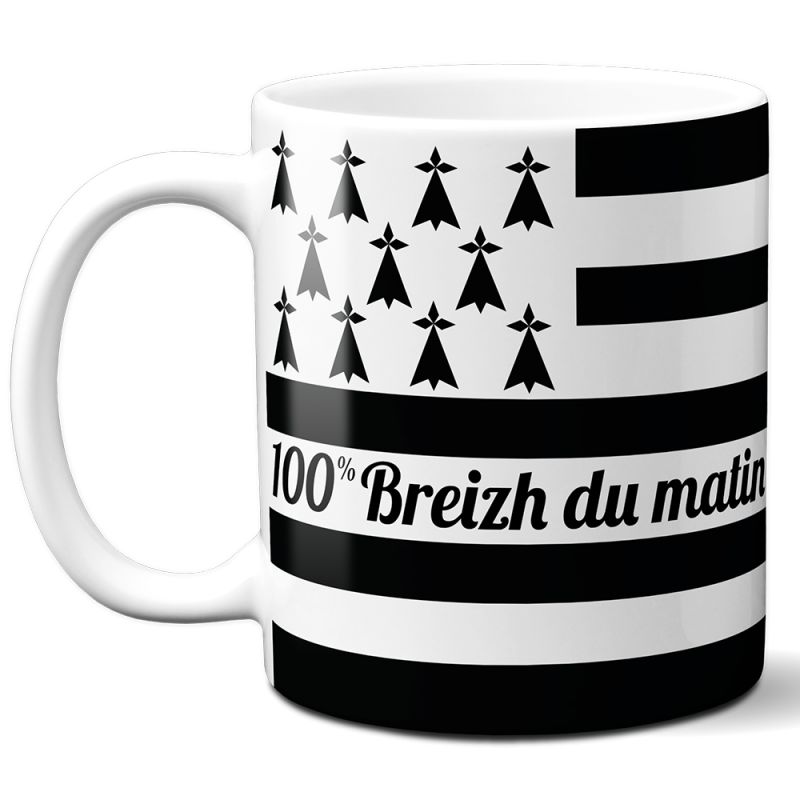 Mug 100% Breizh du matin - Tasse cadeau symbole Breton - 33 cL, Céramique - Imprimé en France