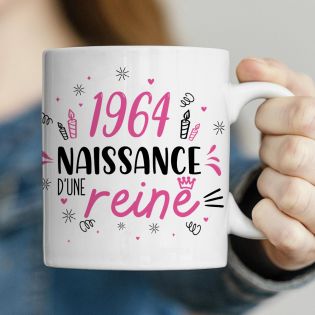 Mug anniversaire 1964 - Naissance d'une Reine - 33 cl, céramique - Imprimé en France