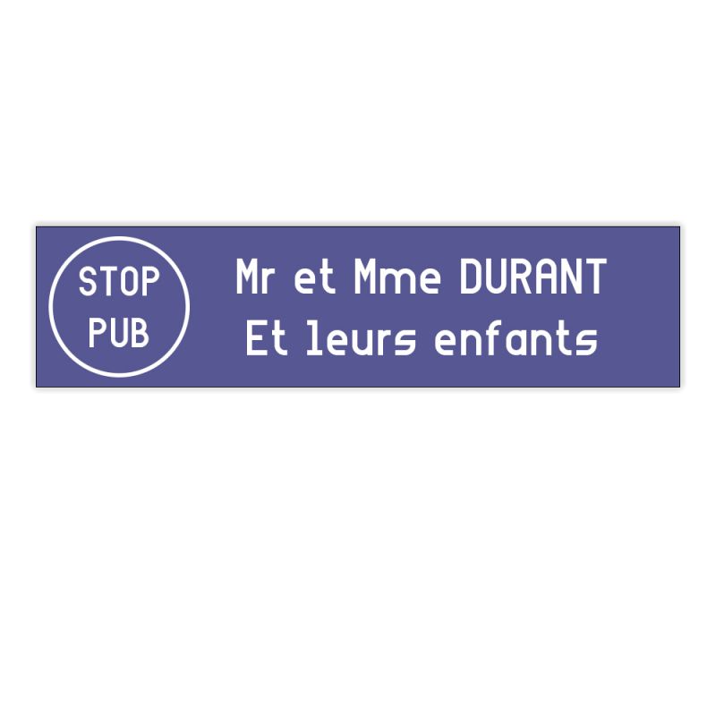 Plaque boite aux lettres personnalisée adhésive au format 100x25mm avec STOP PUB - violette lettres blanches - 2 lignes Plaque boite aux lettres personnalisée adhésive au format 100x25mm avec STOP PUB - violette lettres blanches - 2 lignes