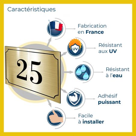 Numéro de maison / rue gravé et personnalisé couleur jaune chiffres noirs - Signalétique extérieure