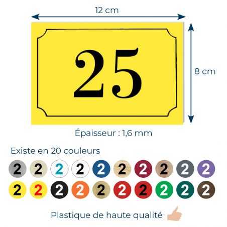 Numéro de maison / rue gravé et personnalisé couleur jaune chiffres noirs - Signalétique extérieure