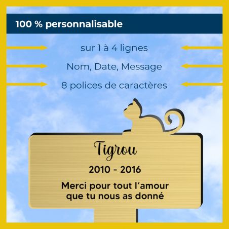 Plaque funéraire personnalisable pour enterrement jardin animal - Modèle silhouette chat allongé