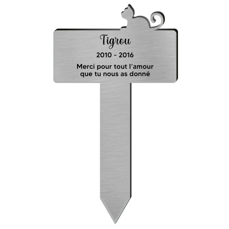 Plaque funéraire personnalisable pour enterrement jardin animal - Modèle silhouette chat allongé Plaque funéraire personnalisable pour enterrement jardin animal - Modèle silhouette chat allongé