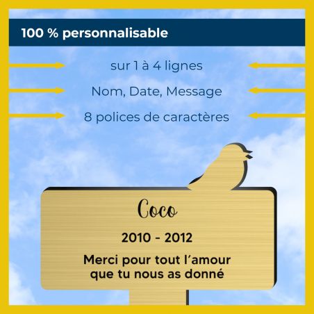 Plaque funéraire personnalisable pour enterrement animal jardin - Modèle silhouette oiseau