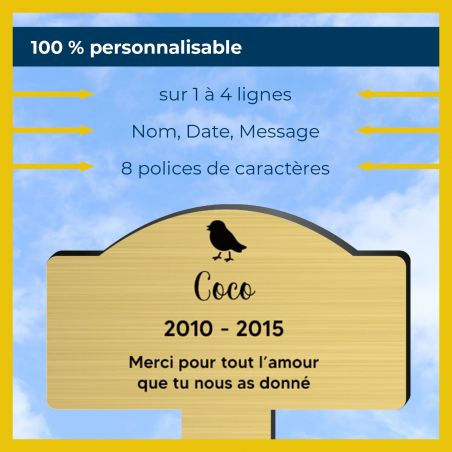 Plaque souvenir pour oiseau avec gravure message personnalisé - Piquet prévu pour l'extérieur