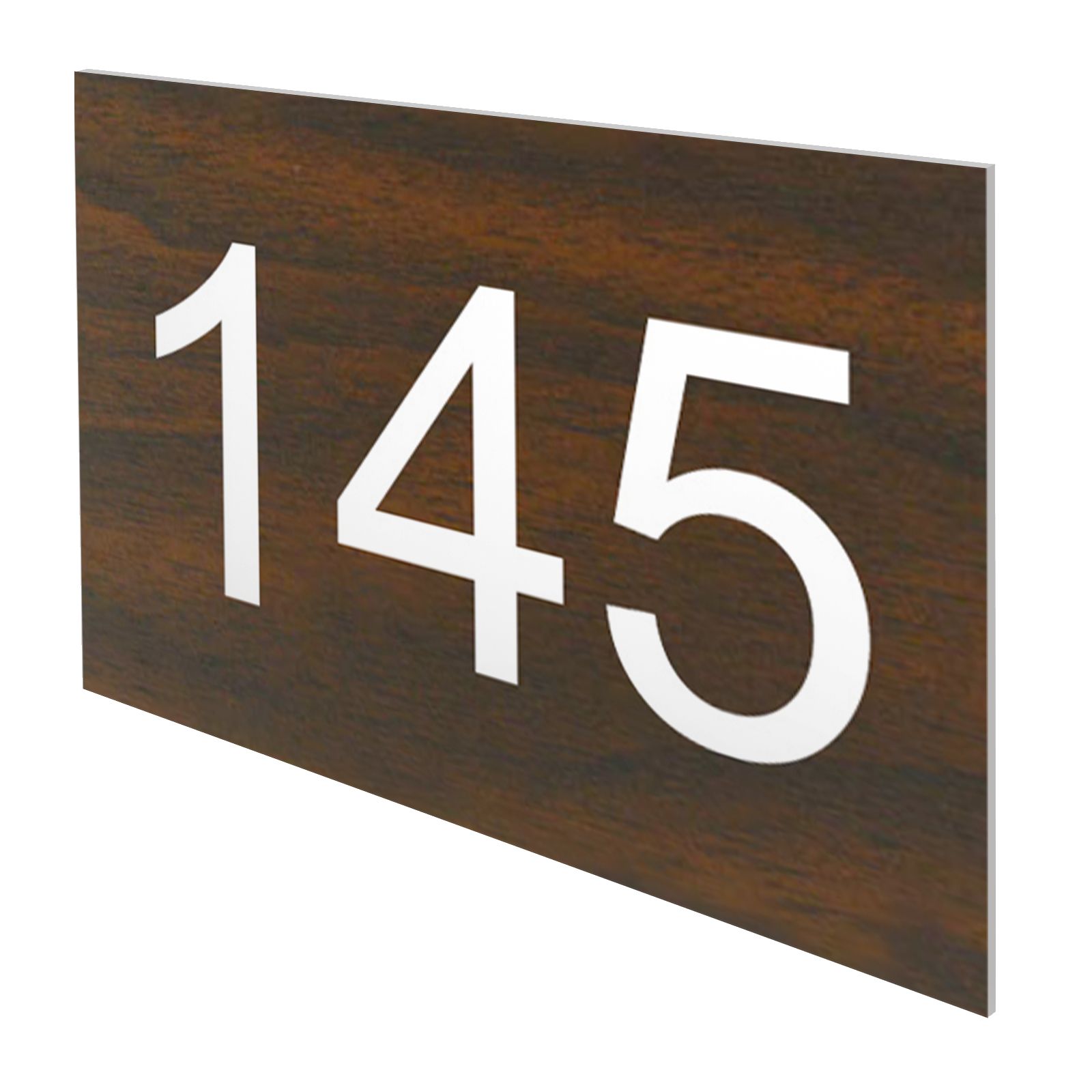 Numéro pour boite aux lettres personnalisable rectangle petit format (50x35mm) effet bois foncé chiffres blancs