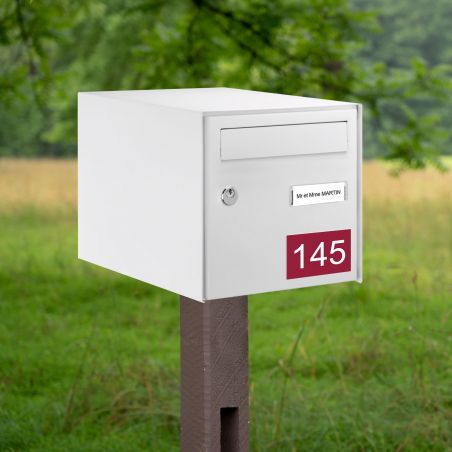 Numéro pour boite aux lettres personnalisable rectangle grand format (100x70mm) bordeaux chiffres blancs