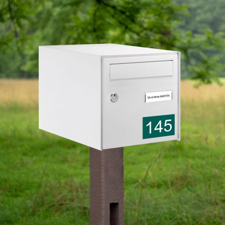 Numéro pour boite aux lettres personnalisable rectangle grand format (100x70mm) vert foncé chiffres blancs