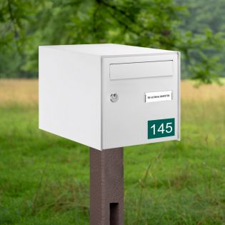 Numéro pour boite aux lettres personnalisable rectangle format médium (70x50mm) vert foncé chiffres blancs