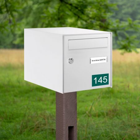 Numéro pour boite aux lettres personnalisable rectangle format médium (70x50mm) vert foncé chiffres blancs