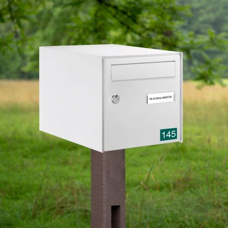 Numéro pour boite aux lettres personnalisable rectangle petit format (50x35mm) vert foncé chiffres blancs