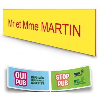 Plaque boite aux lettres personnalisée adhésive au format 100x25mm - Jaune lettres rouges - 1 ligne