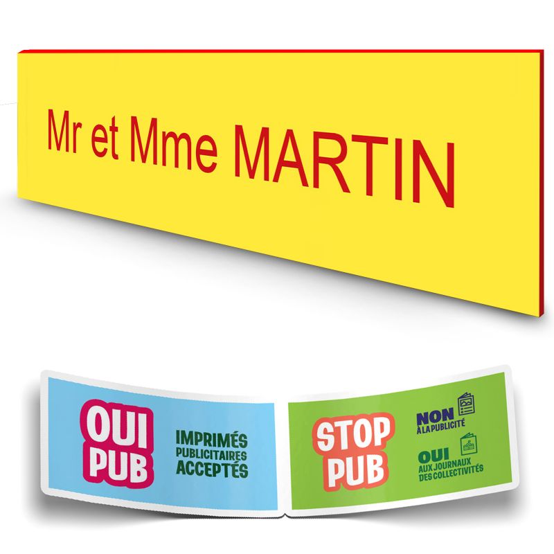 Plaque boite aux lettres personnalisée adhésive au format 100x25mm - Jaune lettres rouges - 1 ligne Plaque boite aux lettres personnalisée adhésive au format 100x25mm - Jaune lettres rouges - 1 ligne